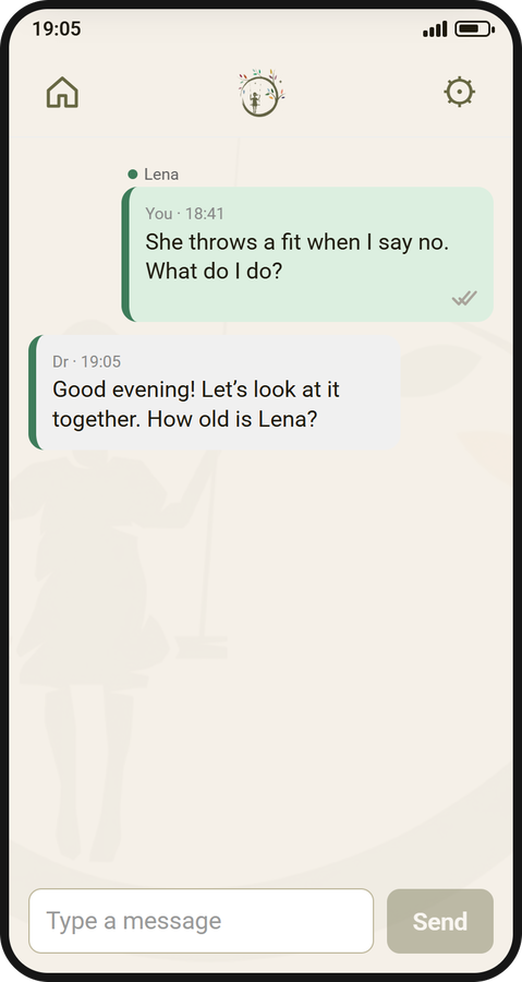 A parent's question and a pediatrician's written reply in the RaisedWell Text app.